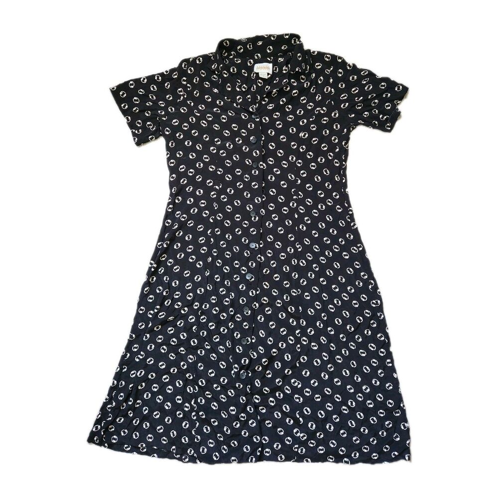 VTG Kathryn Deene New York Black Printed Button Front Shirt Dress Rayon 18 EUC